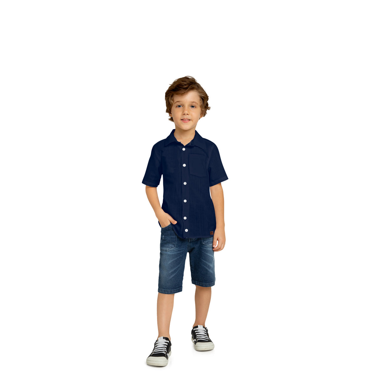 Camisa Lino Con Bolsillo Azul