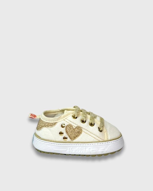Tenis Niña Glitter Corazón Dorado Huellitas Brillo
