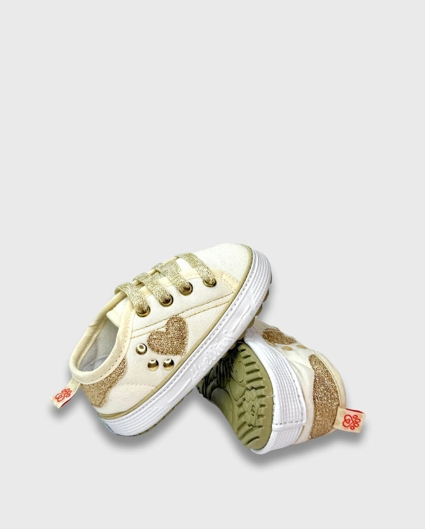 Tenis Niña Glitter Corazón Dorado Huellitas Moda