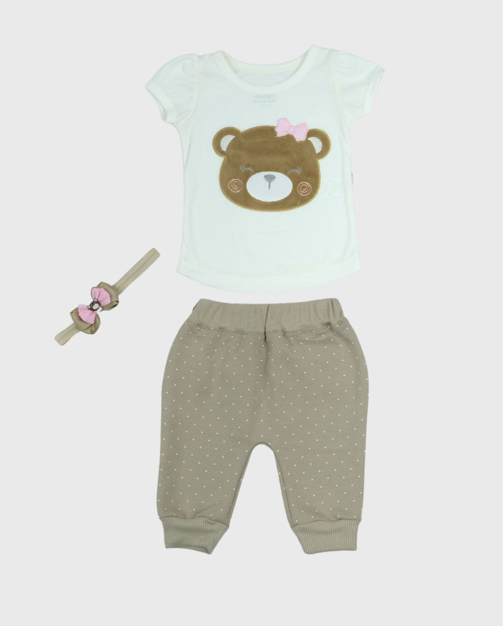 Conjunto Para Bebé Niña Blusa Oso con Balaca Cafe