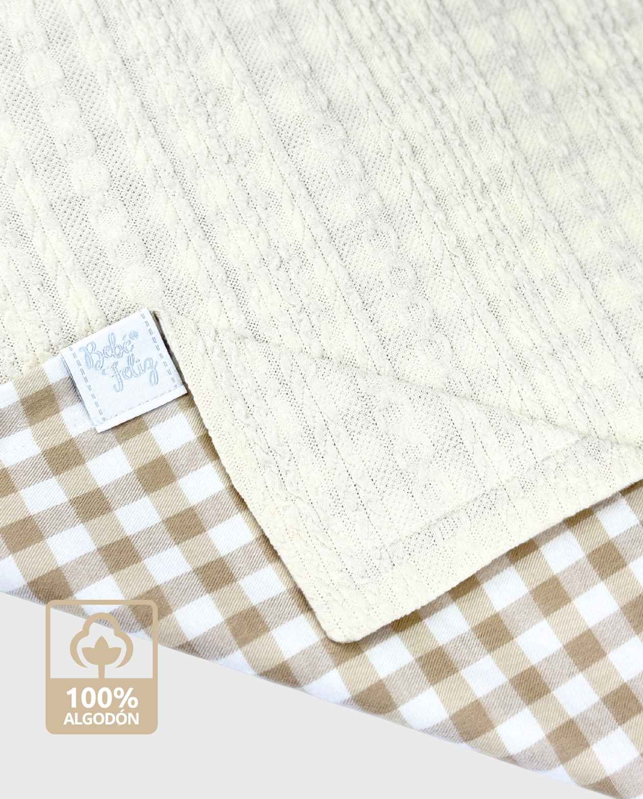 Cobija Doble Faz Marfil Trenzas Cuadros 100% Algodón Detalles