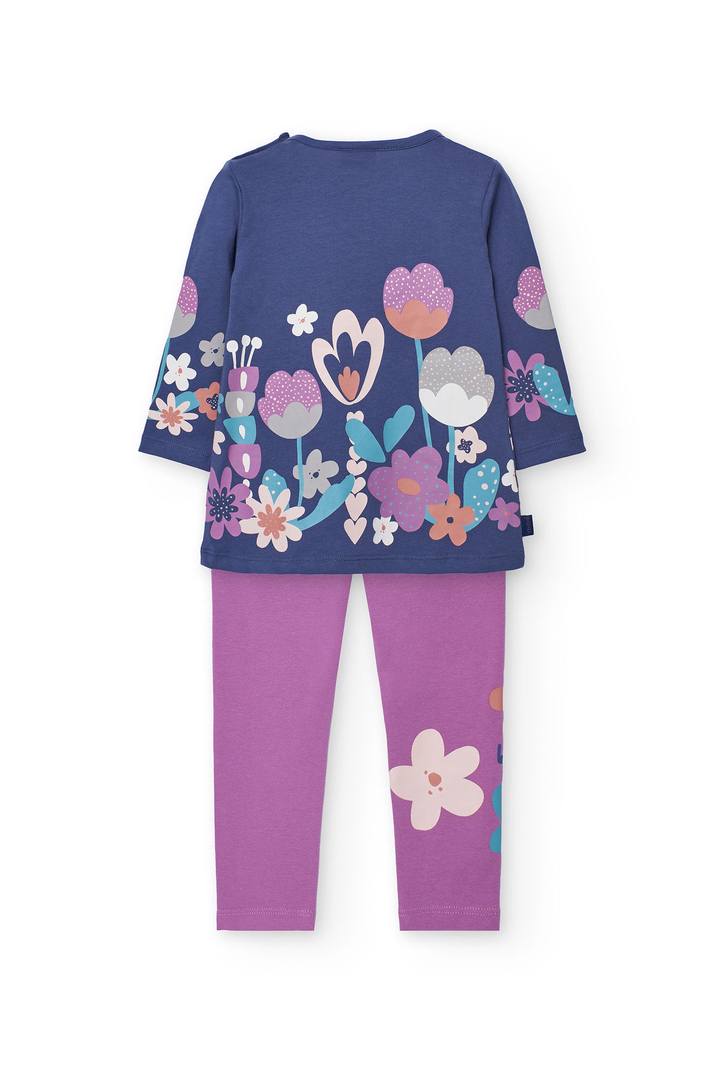 Conjunto para niña con camiseta azul y leggings lila con flores