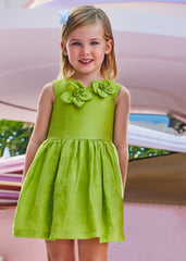 Vestido Lino Flores Relieve Verde