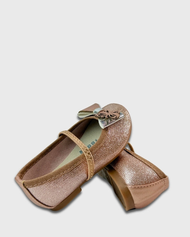 Baletas Moño Mariposa Oro Rosa Brillo