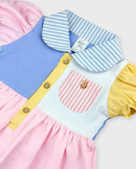 Vestido Cuello Osa Combinada Celeste Detalle