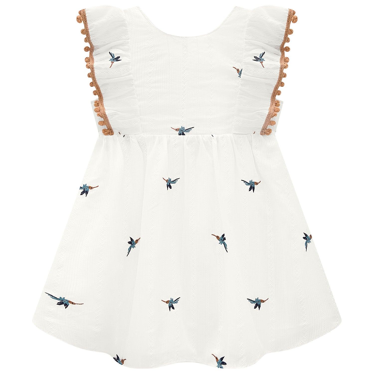 Vestido Bordado Colibrí Detalle Pompones Diseño