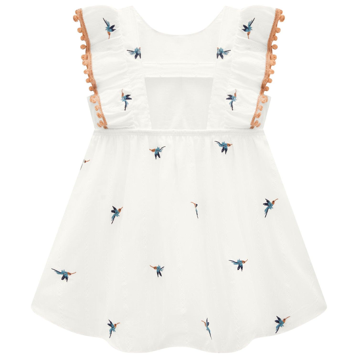 Vestido Bordado Colibrí Detalle Pompones Detalles
