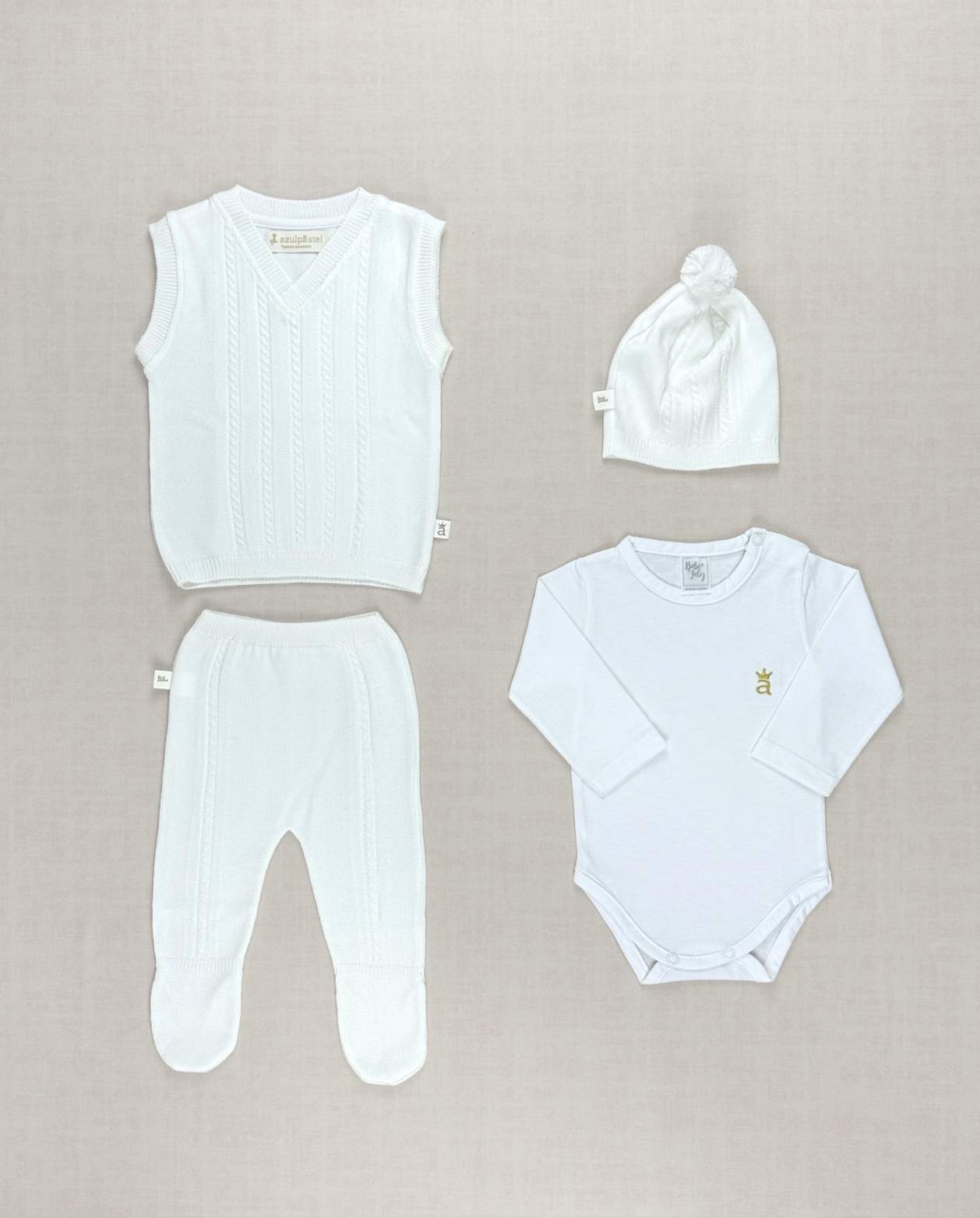 Set Primer Día 4 Piezas Chaleco Blanco 100% Algodón