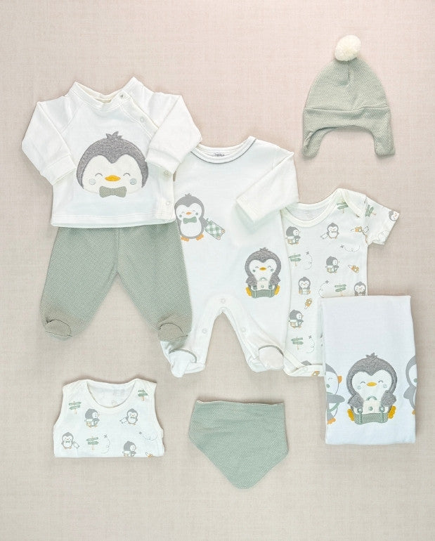 Set Primer Día Bordado Pingüino Verde
