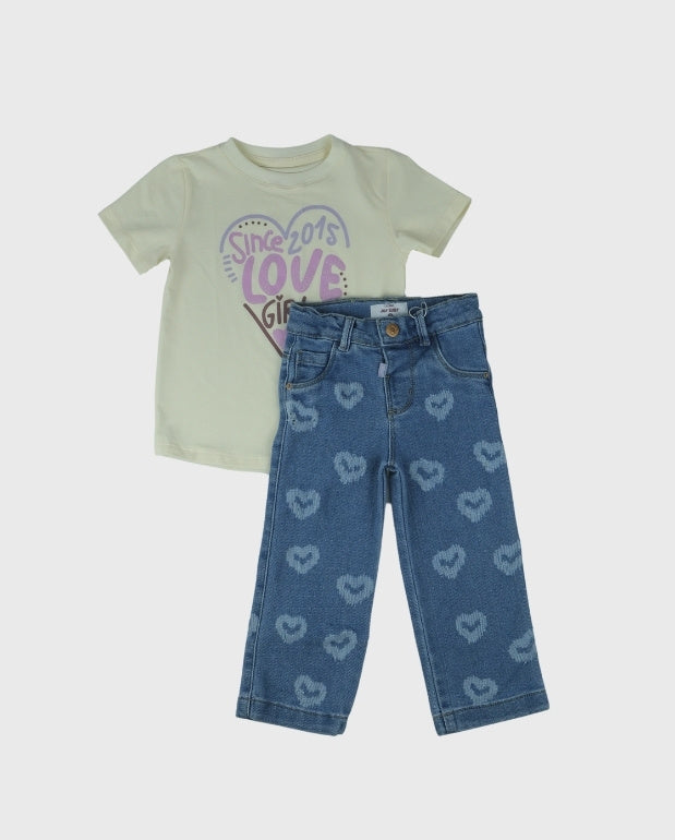 Conjunto Jean Detalle Corazones Joy Baby White
