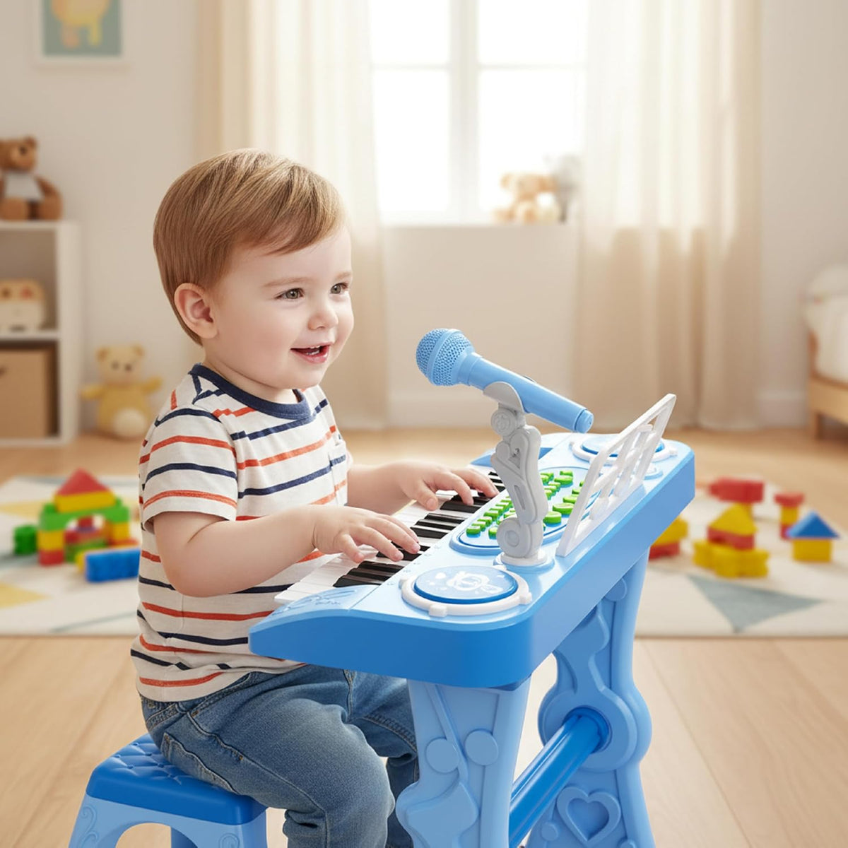 Juguete Set Teclado Musical con Micrófono Azul