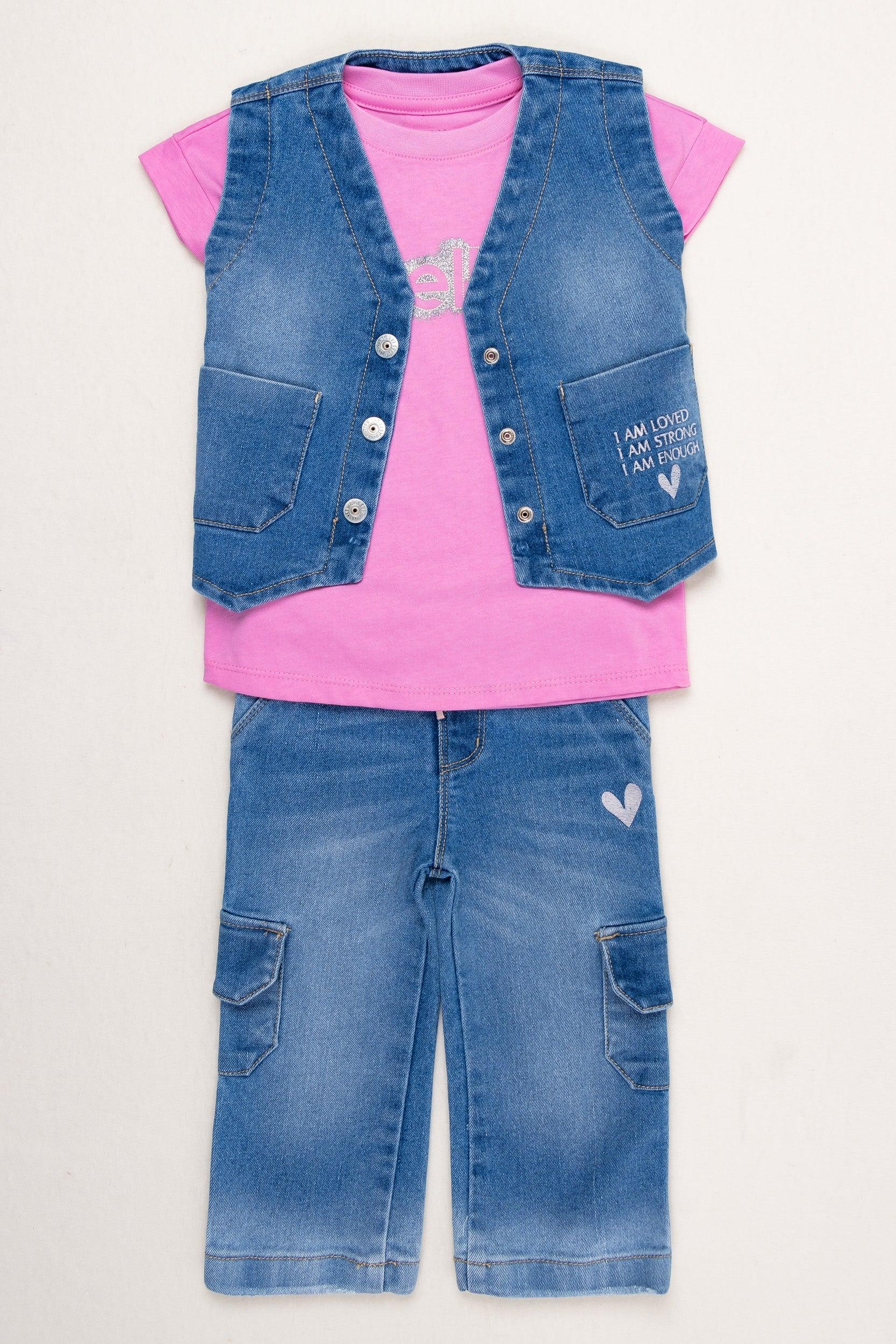 Conjunto 3 Piezas Chaleco Denim Joy Baby Fucsia