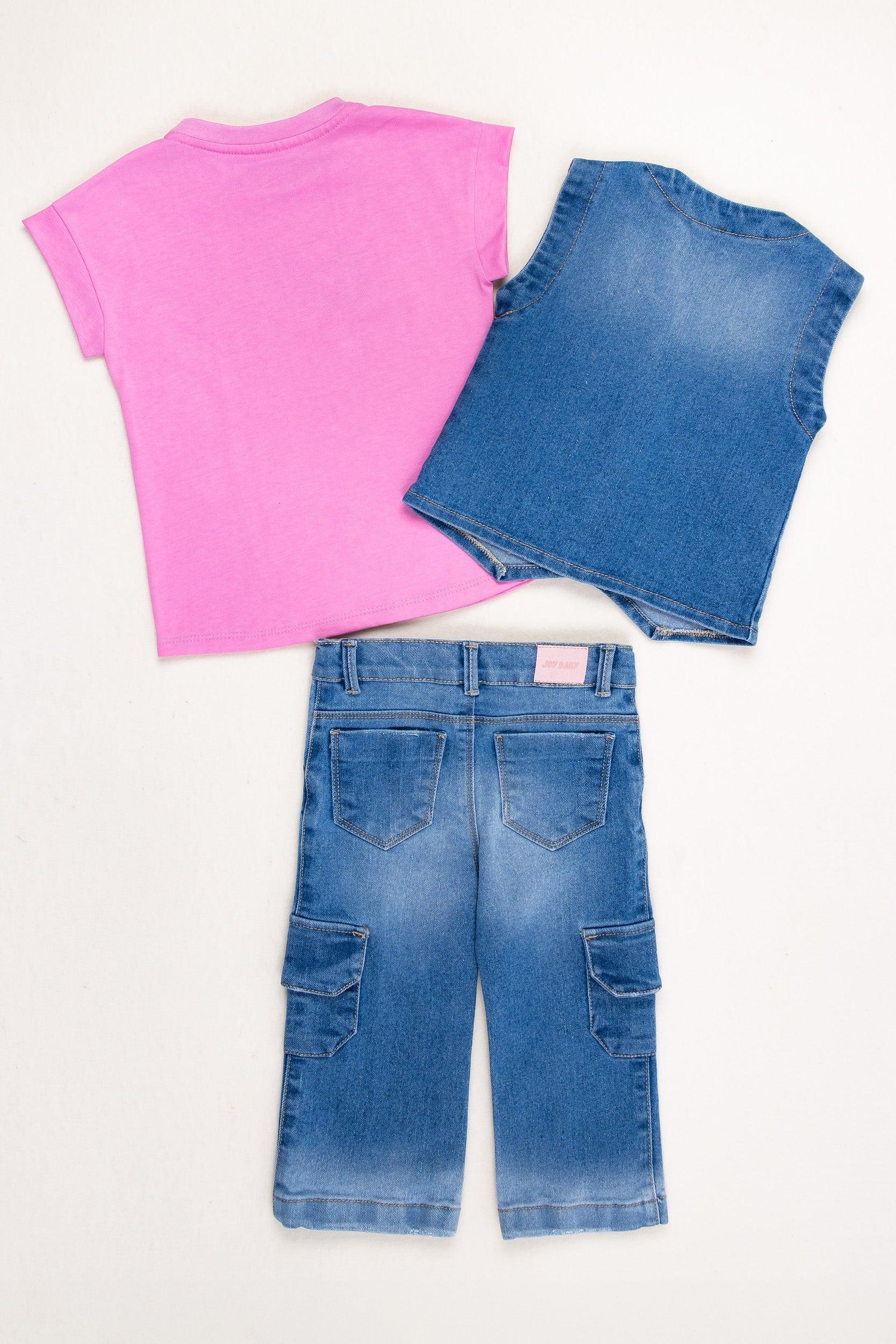 Conjunto 3 Piezas Chaleco Denim Joy Baby Fucsia Espalda