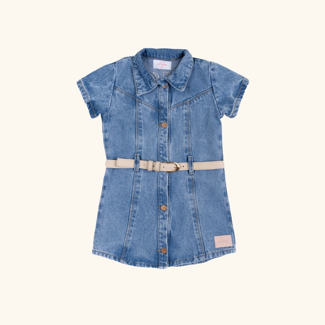 Vestido Denim Con Cinturón Bordado Flor