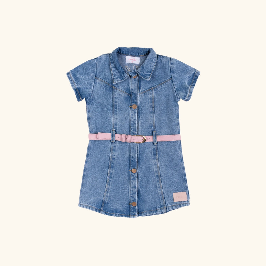 Vestido Denim Con Cinturón Bordado Flor