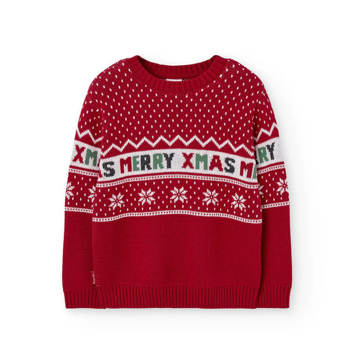 Saco tricot rojo con diseño navideño “Merry Xmas” para niño
