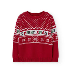 Saco tricot rojo con diseño navideño “Merry Xmas” para niño