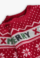 Enterizo de tricot rojo con copos de nieve y letras navideñas