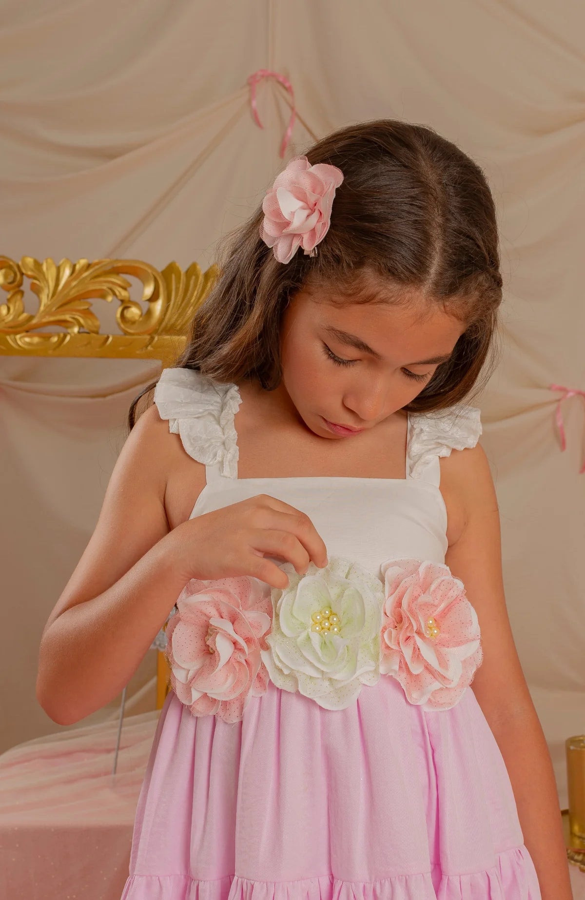 Vestido Cintura Flores Arte Rosa detalles