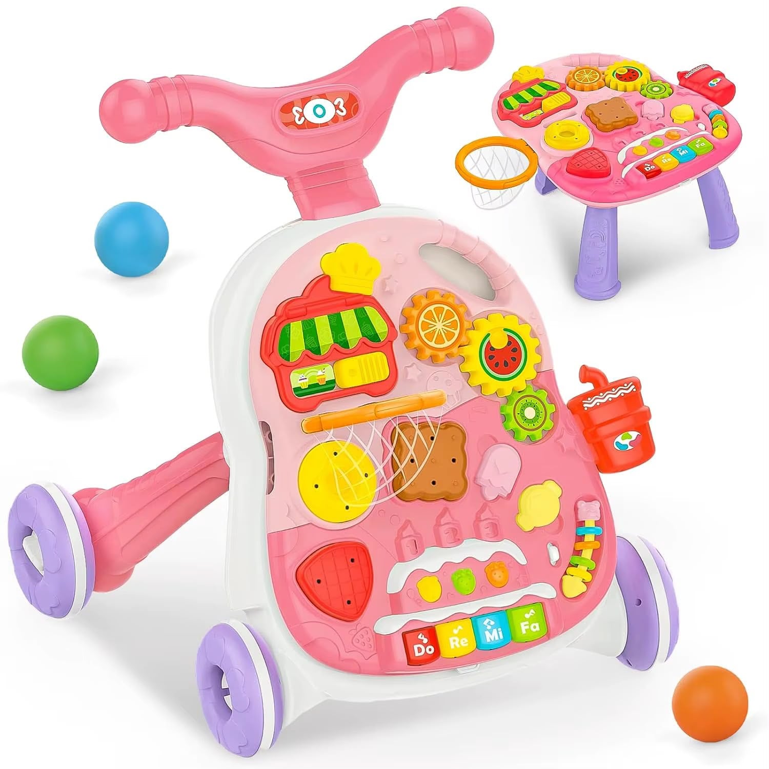 Andadera 2 En 1 Con Sonido Frutas rosa