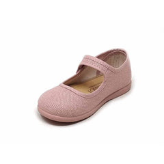 Baletas Merceditas en Lona Rosa Tokolate detalle