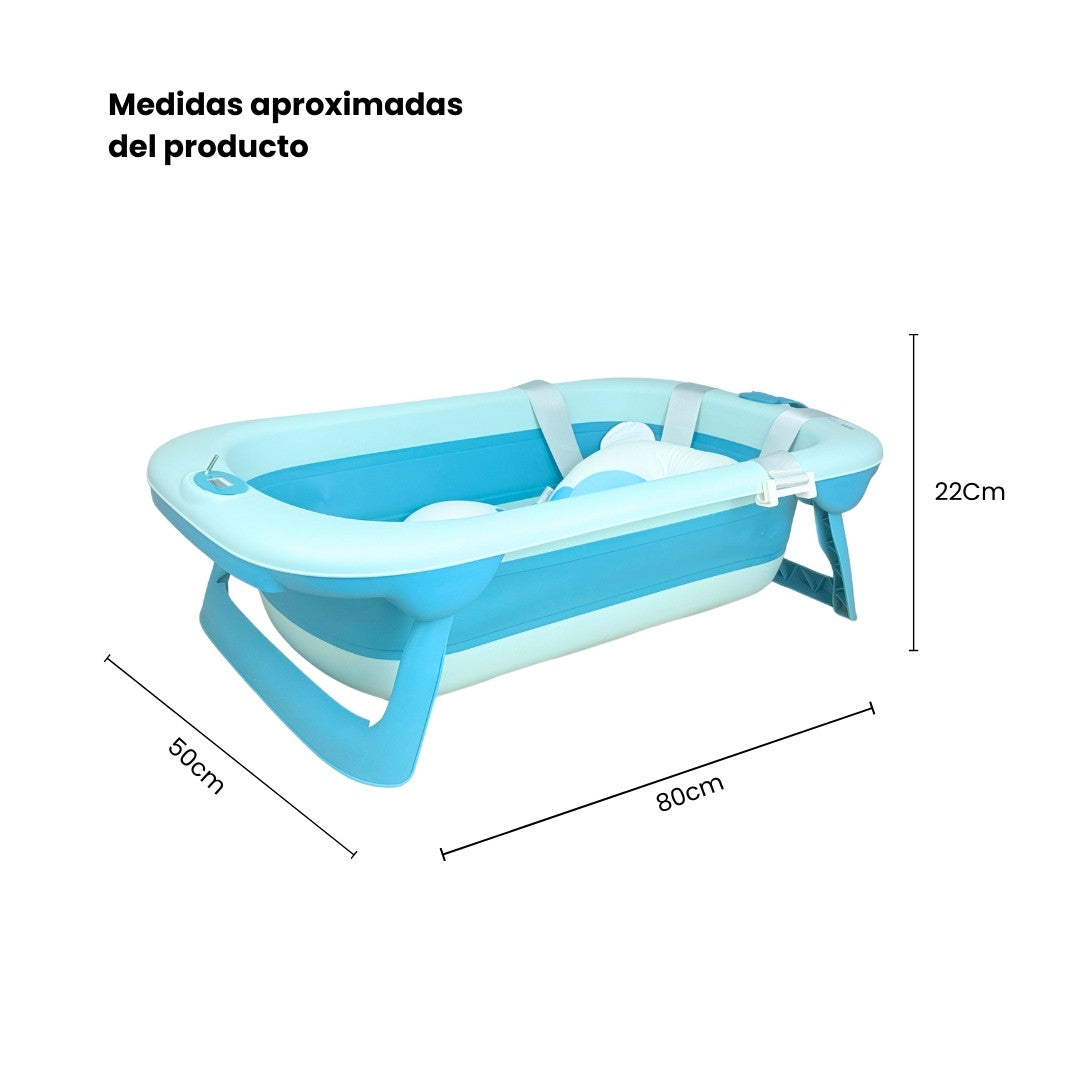 Set Bañera Plegable Con Termómetro Dino Azul Medidas