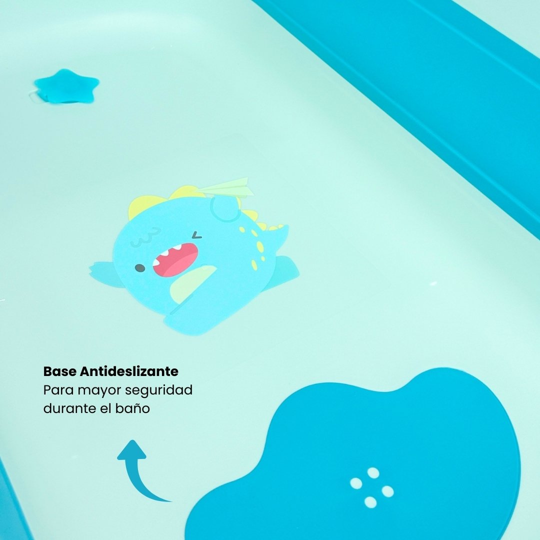 Set Bañera Plegable Con Termómetro Dino Azul Antideslizante