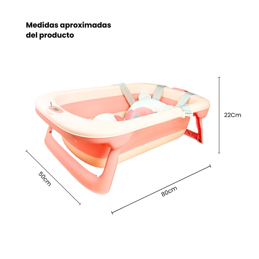 Set Bañera Plegable Con Termómetro Dino Rosa Medidas