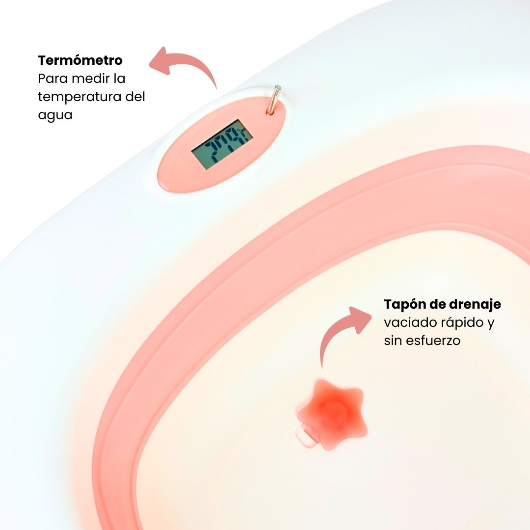 Set Bañera Plegable Con Termómetro Dino Rosa Temperatura