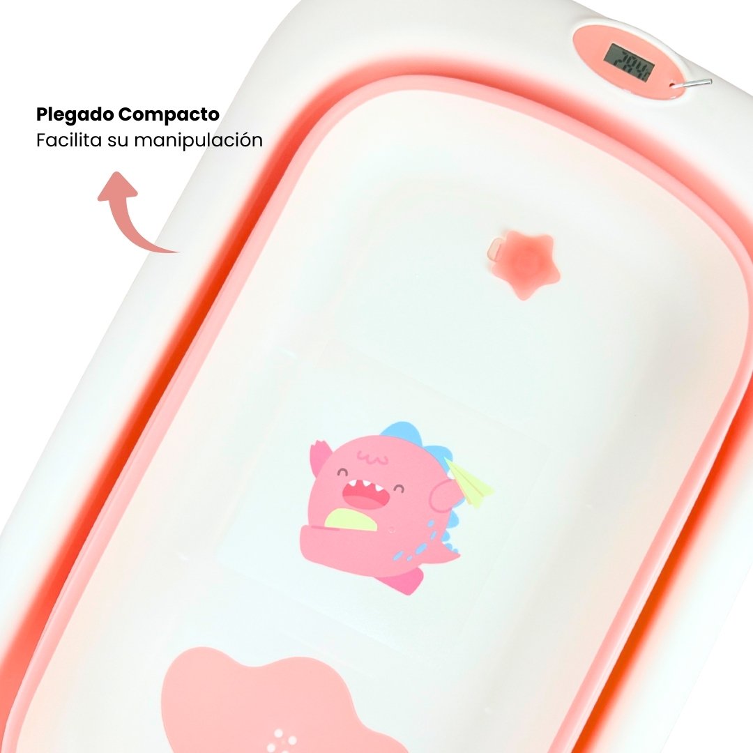 Set Bañera Plegable Con Termómetro Dino Rosa Plegado