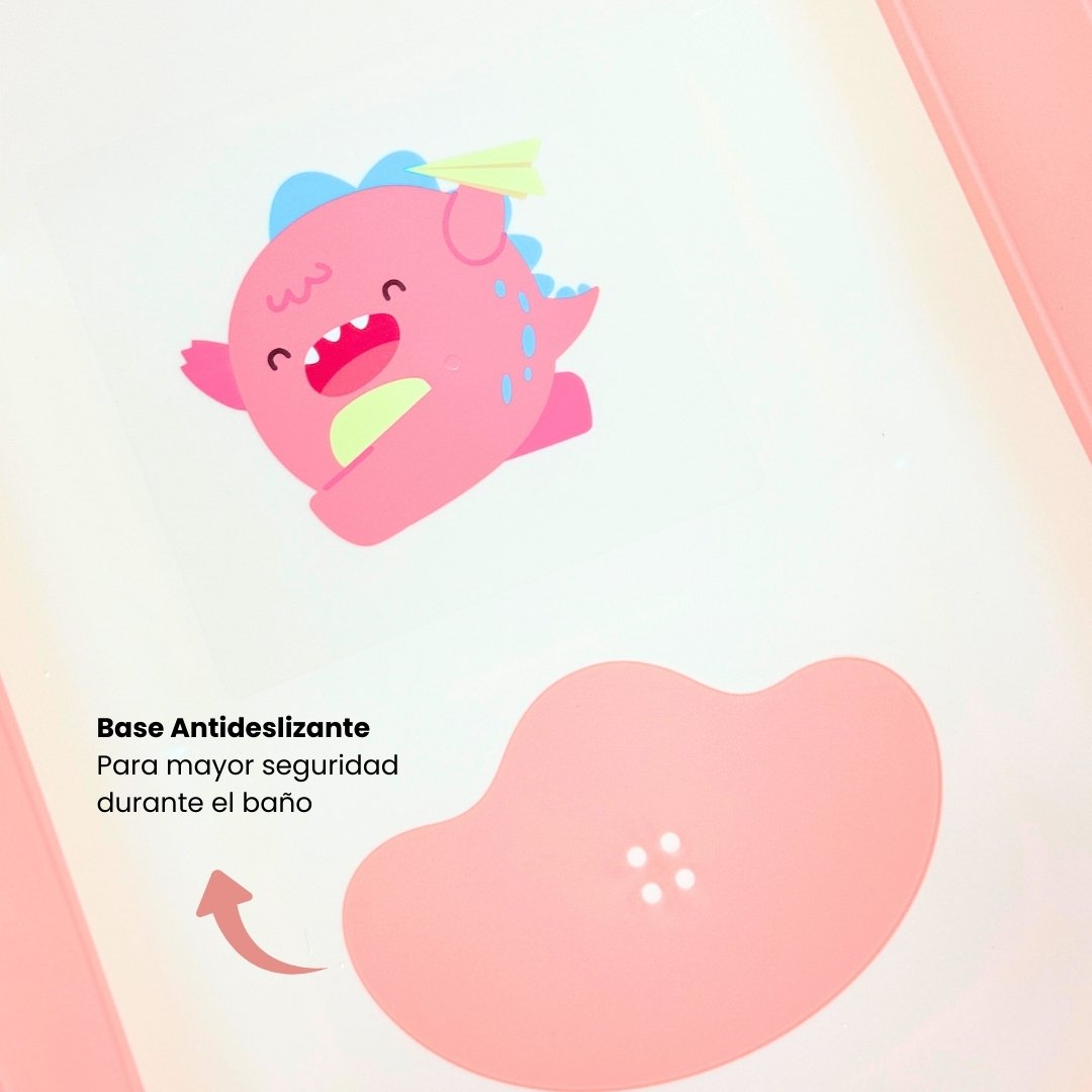 Set Bañera Plegable Con Termómetro Dino Rosa Base