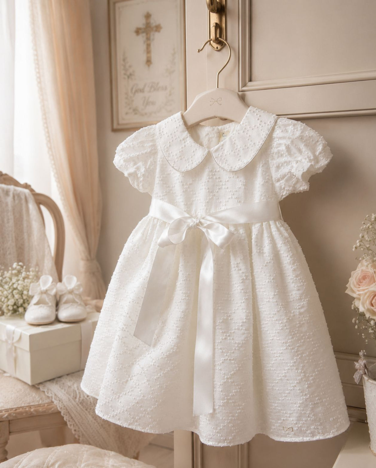 Vestido Ceremonia Con Pava Puntos Blanco
