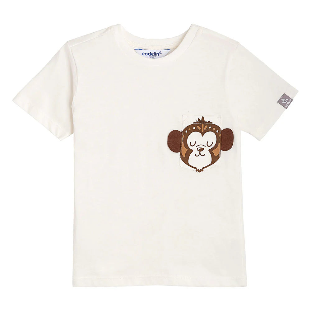 Camiseta Bolsillo Estampado Mono Blanco