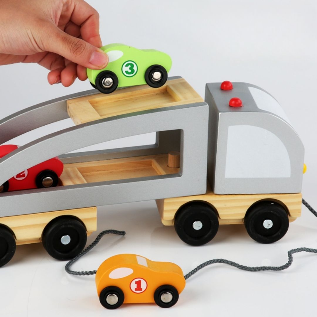 Carro Grúa De Madera Montessori Con Autos Niños Travesuras