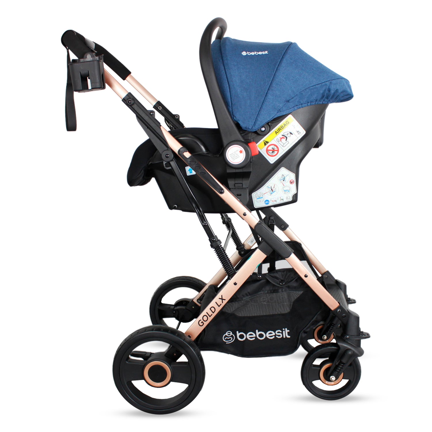 Coche Moisés Con Porta Bebé Gold LX Azul Bebesit Lado Portabebé