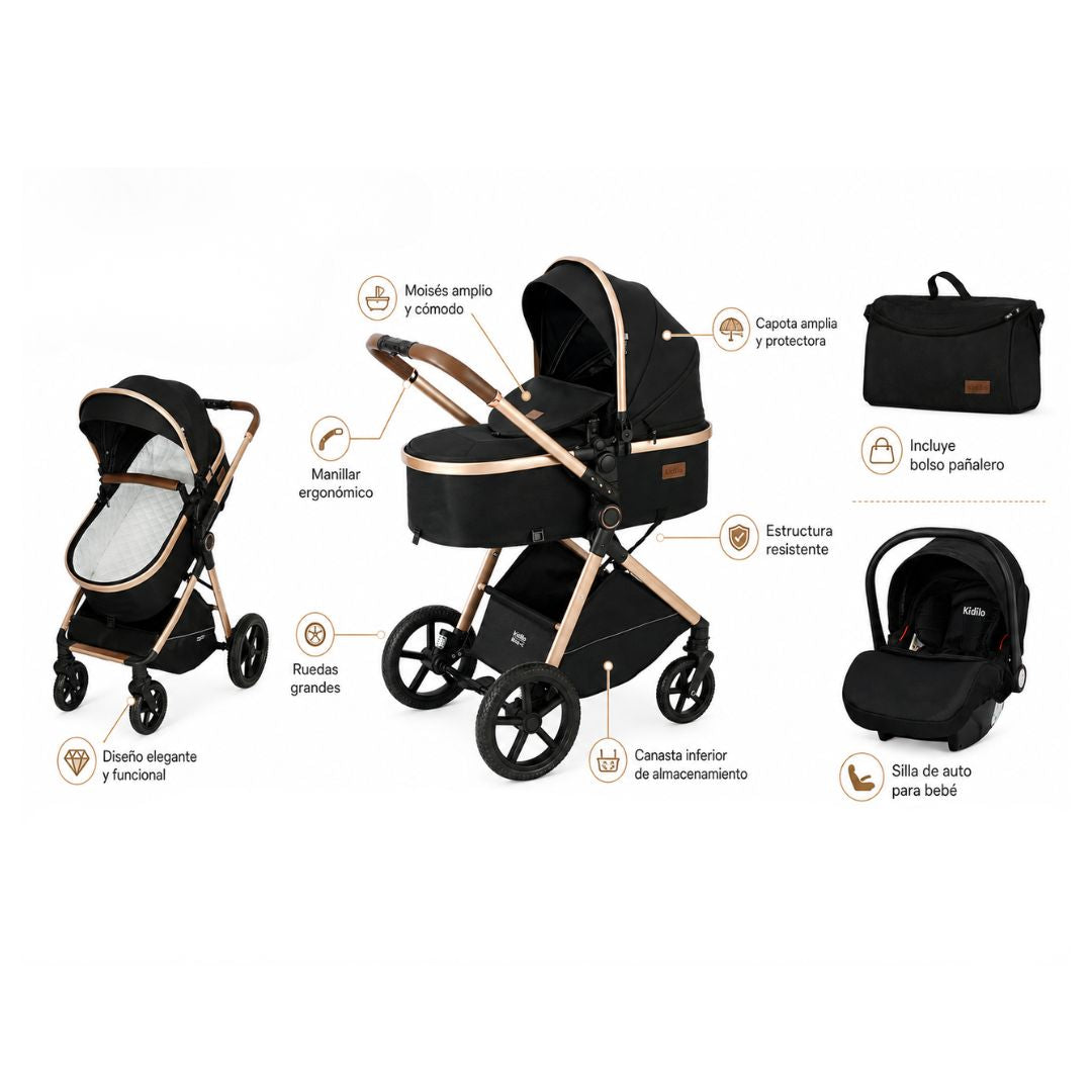 Coche Moisés Oxford Negro Kidilo DETALLES