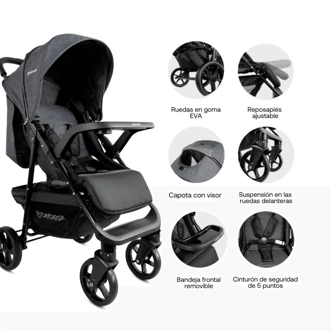 Coche Para Bebe Portofino Gris Bebesit especificaciones