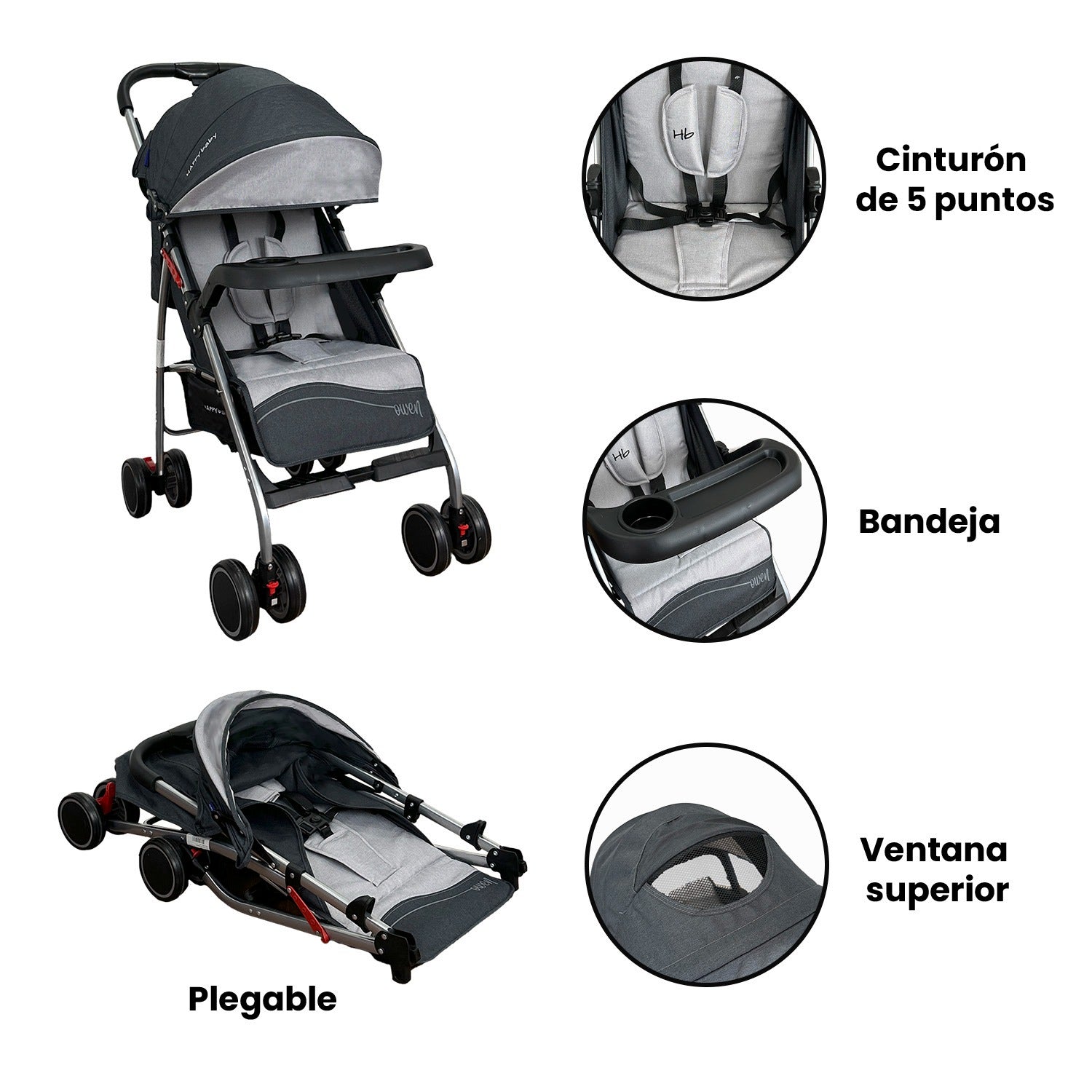 Coche Paseador Owen Gris Happy Baby