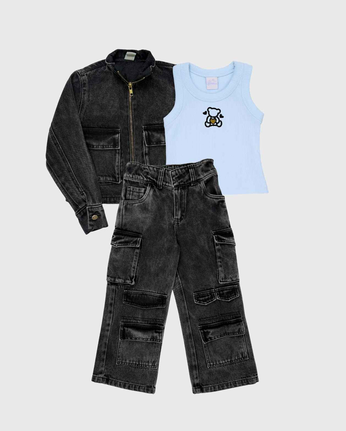 Conjunto 3 Pz Denim Con Chaqueta Bolsillos Detalles