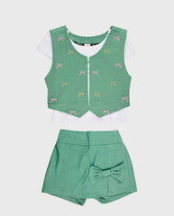 Conjunto De Falda y Chaleco Con Moños Verde