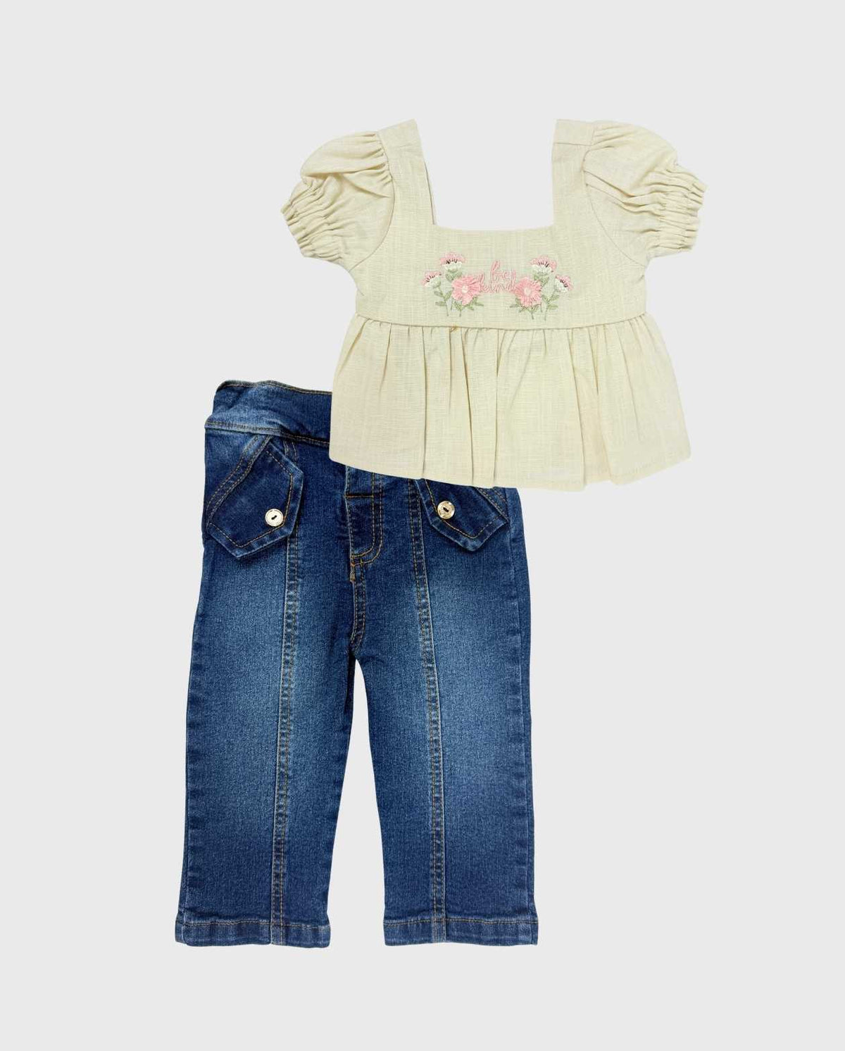 Conjunto Pantalón Denim Con Flor Bordada Beige