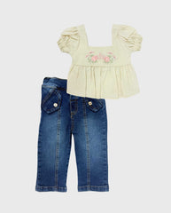 Conjunto Pantalón Denim Con Flor Bordada Beige