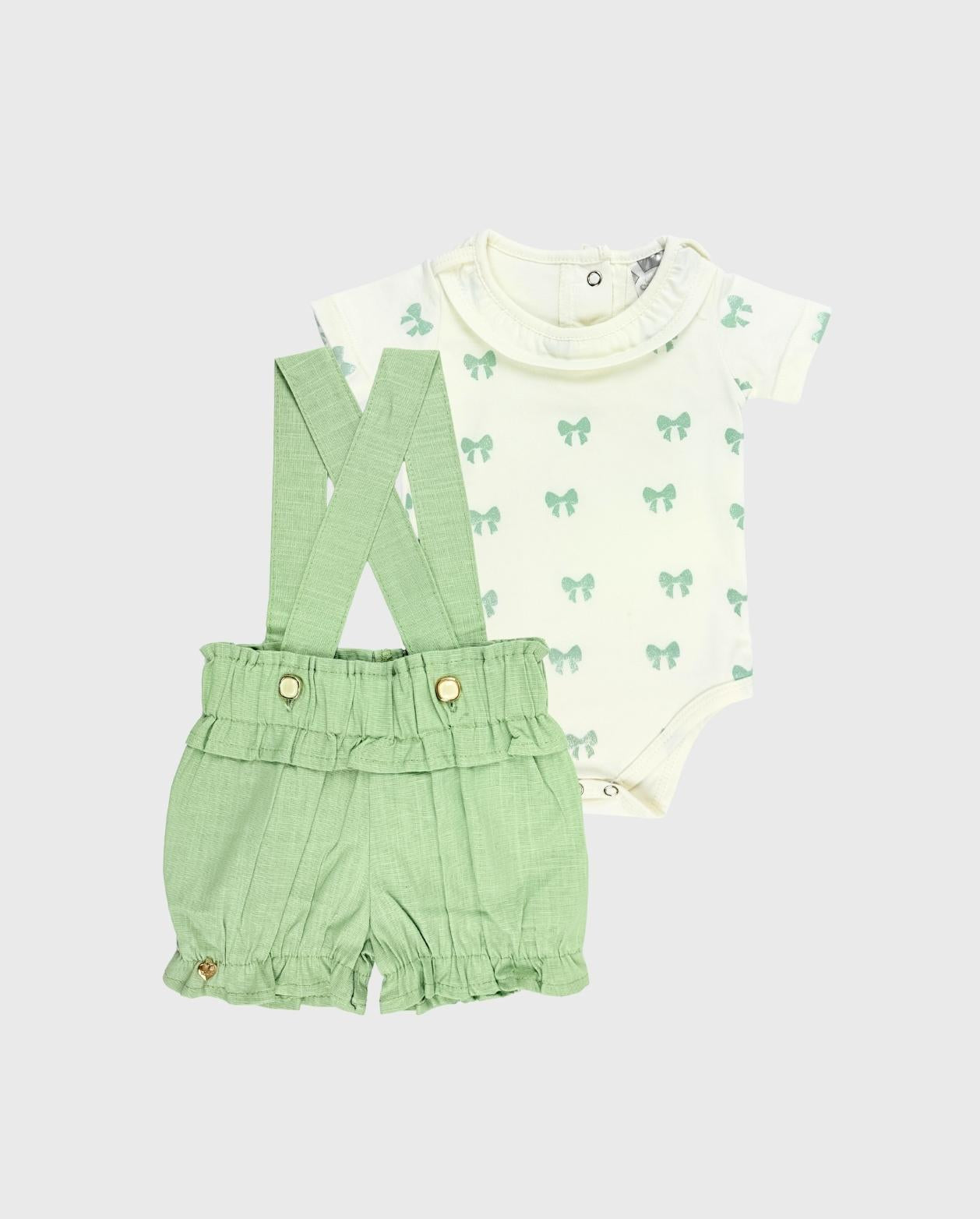 Conjunto Short Con Tirantes y Moños Verde
