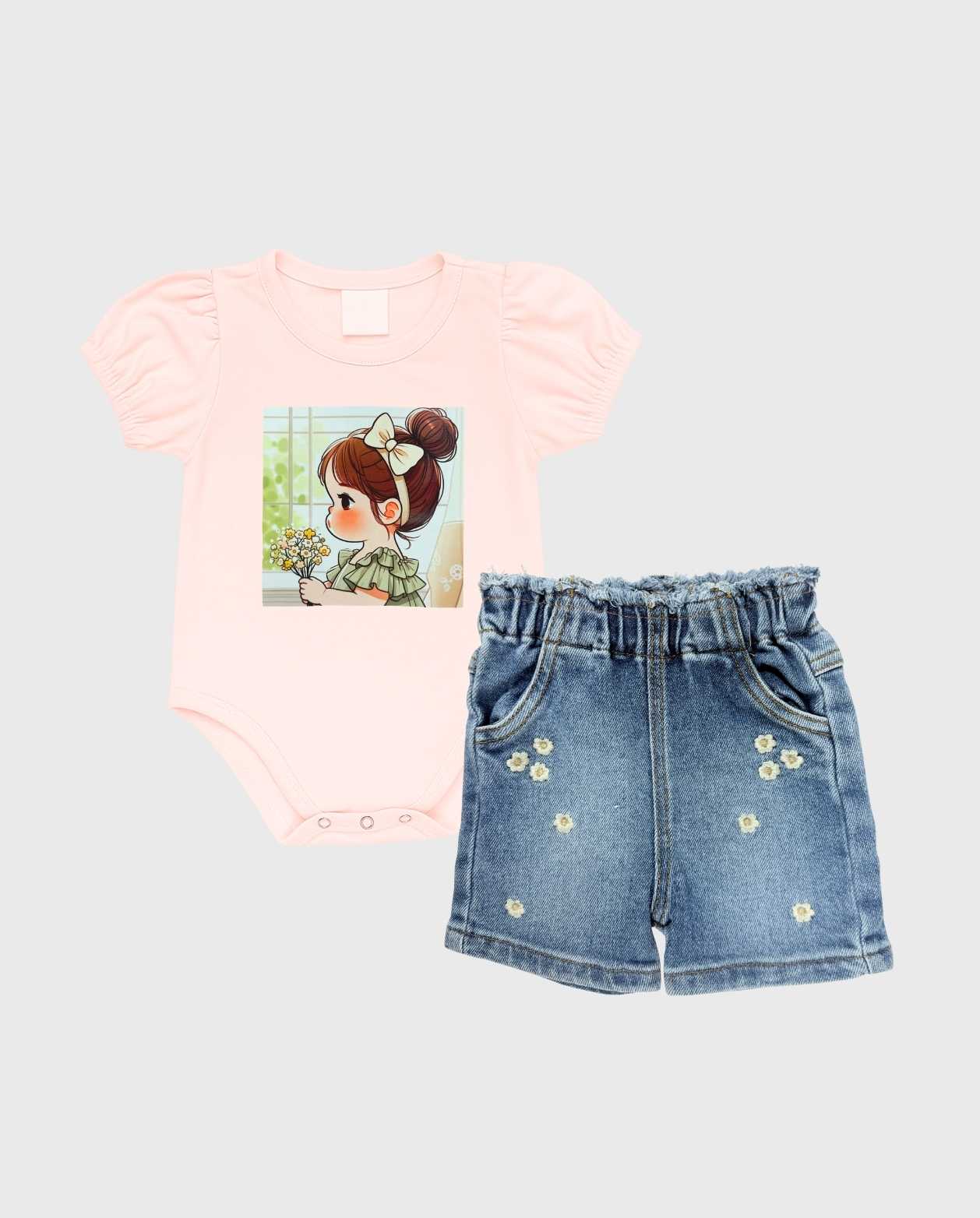 Conjunto Short Denim Con Flor Bordada Rosa