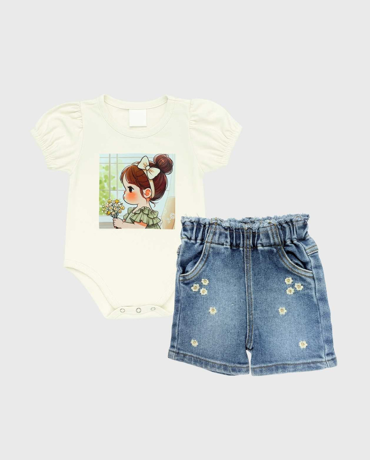 Conjunto Short Denim Con Flor Bordada