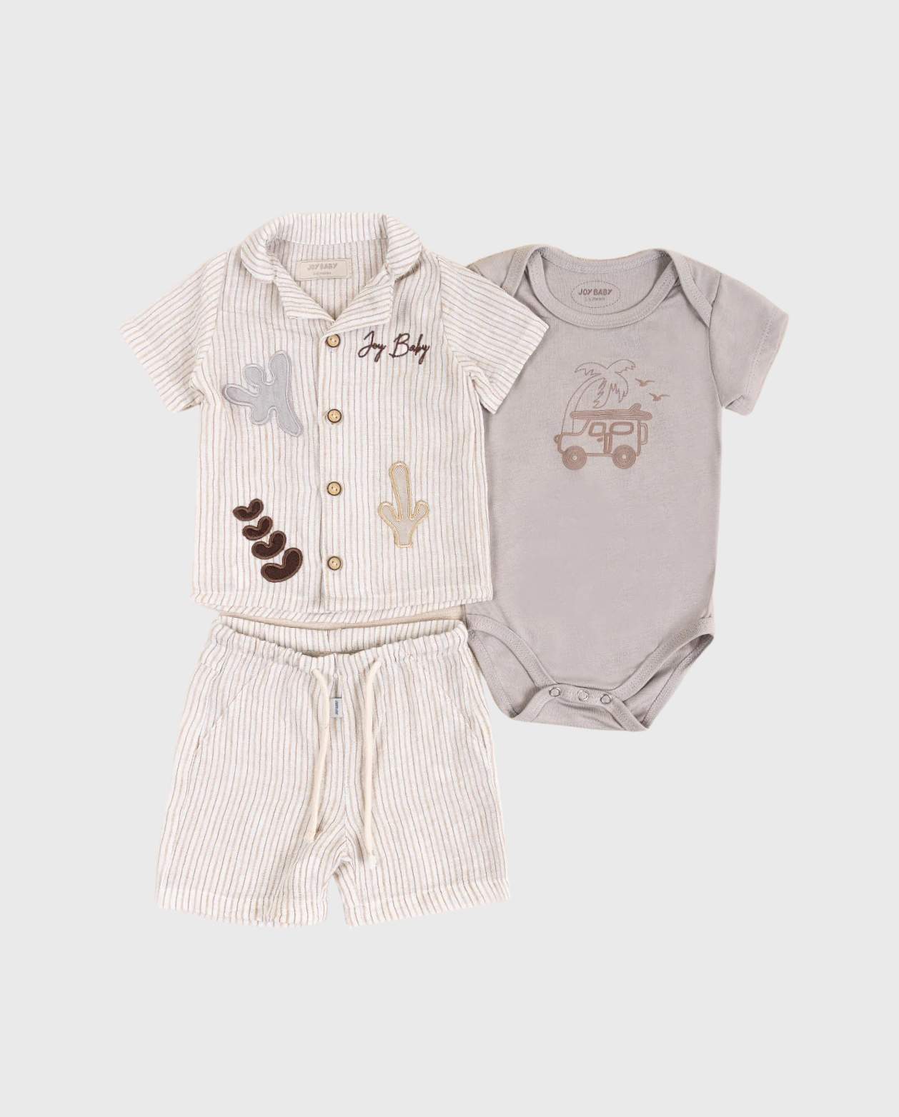 Conjunto 3 Piezas Bermuda Rayas Palmera Beige