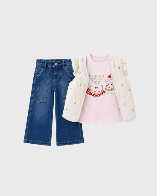 Conjunto 3 Piezas Chaleco Cerezas beige