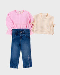 Conjunto 3 Piezas Chaleco Tejido Rosa