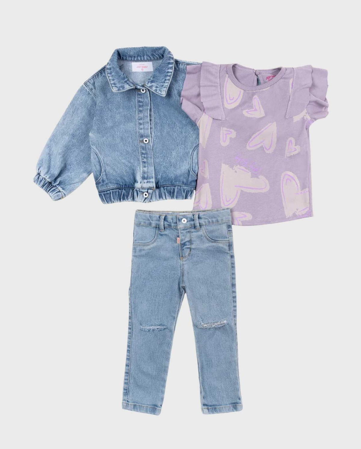 Conjunto 3 Piezas Denim Blusa Corazones Morado