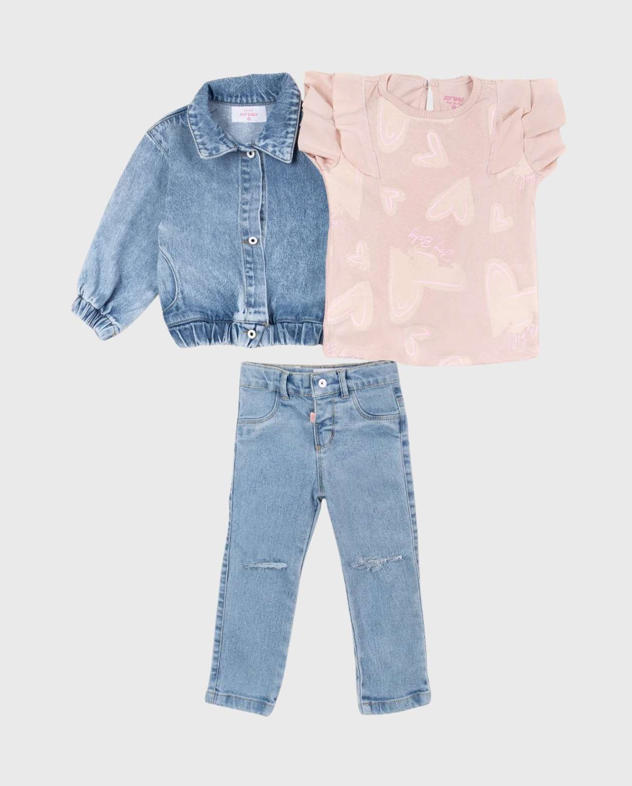 Conjunto 3 Piezas Denim Blusa Corazones ROSA